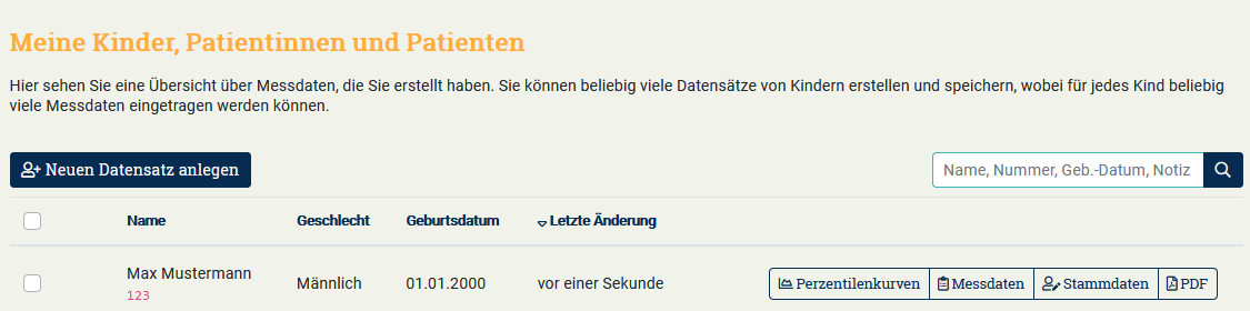 Abbildung 11: Übersicht der gespeicherten Datensätze