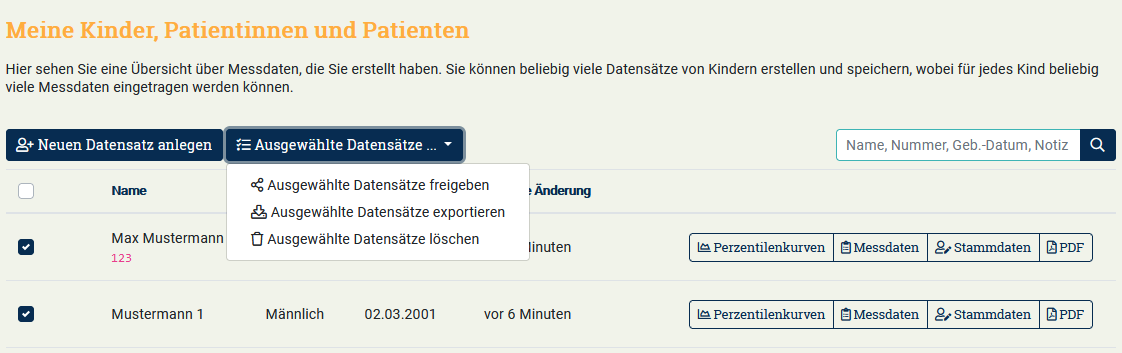 Abbildung 16: Freigeben, Exportieren und Löschen mehrerer Datensätze